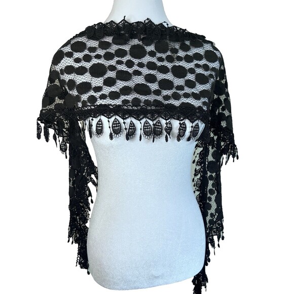 Chico’s Women’s Black Lace Fringed Pokeadot Scarf. - Picture 3 of 5